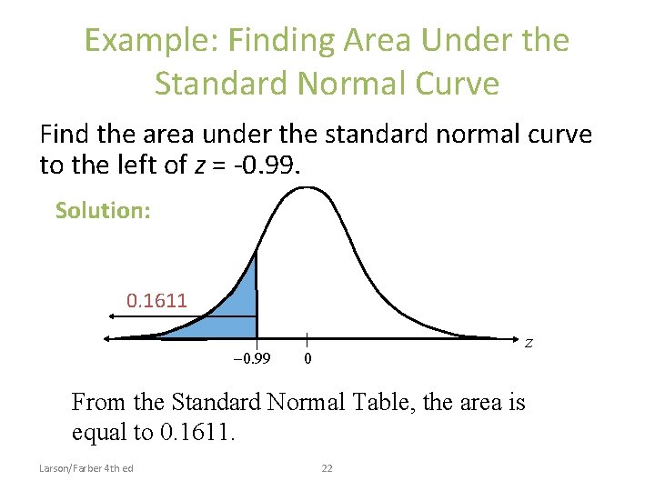 Example: Finding Area Under the Standard Normal Curve Find the area under the standard Example: Finding Area Under the Standard Normal Curve Find the area under the standard