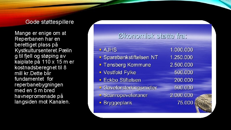 Gode støttespillere Mange er enige om at Reperbanen har en berettiget plass på Kystkultursenteret. Gode støttespillere Mange er enige om at Reperbanen har en berettiget plass på Kystkultursenteret.