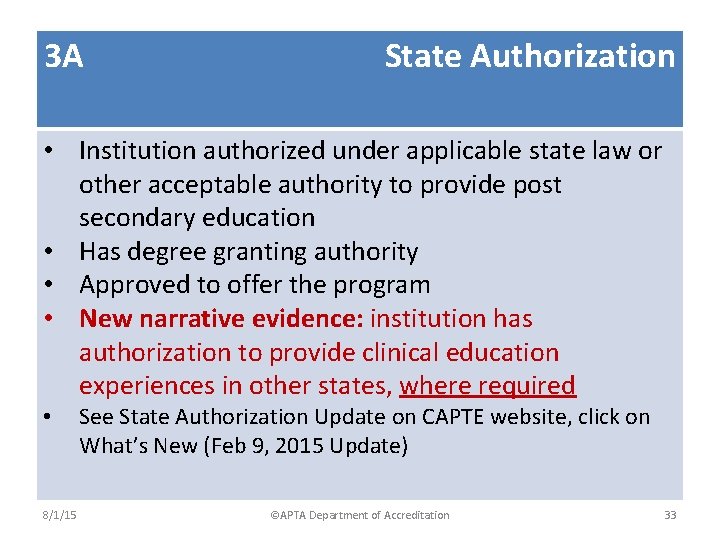 3 A State Authorization 3 B • Institution authorized under applicable state law or