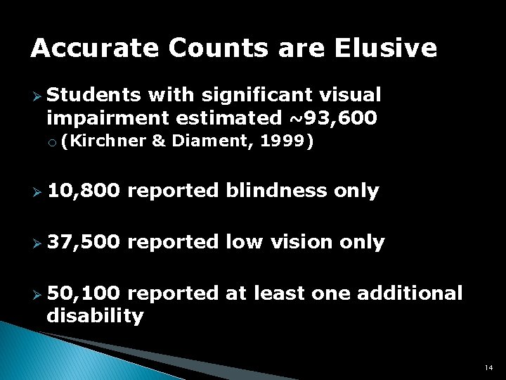 Accurate Counts are Elusive Ø Students with significant visual impairment estimated ~93, 600 o