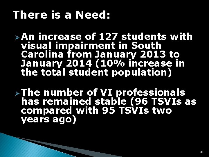 There is a Need: Ø An increase of 127 students with visual impairment in