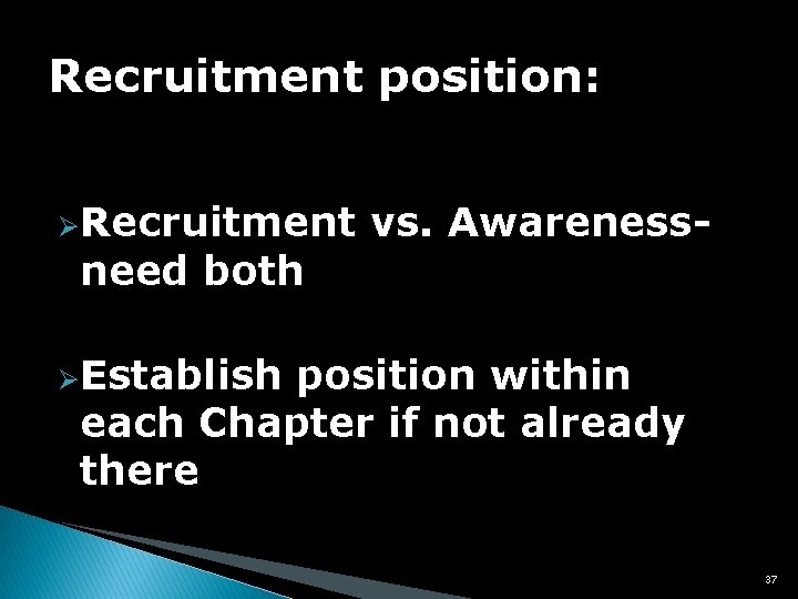 Recruitment position: ØRecruitment vs. Awareness- need both ØEstablish position within each Chapter if not