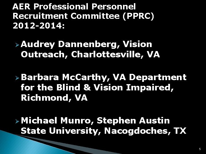 AER Professional Personnel AER Recruitment Committee (PPRC) 2012 -2014: Ø Audrey Dannenberg, Vision Outreach,