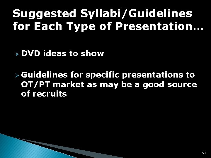 Suggested Syllabi/Guidelines for Each Type of Presentation… Ø DVD ideas to show Ø Guidelines