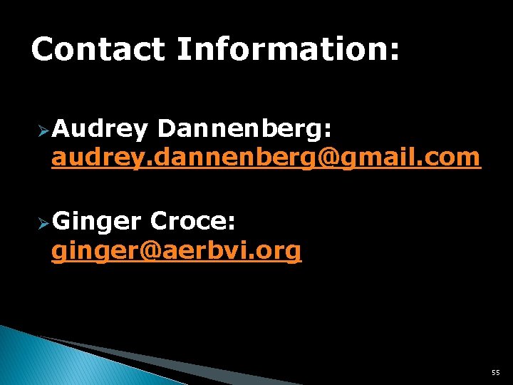 Contact Information: Ø Audrey Dannenberg: audrey. dannenberg@gmail. com Ø Ginger Croce: ginger@aerbvi. org 55