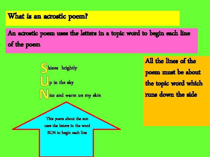 What is an acrostic poem? An acrostic poem uses the letters in a topic