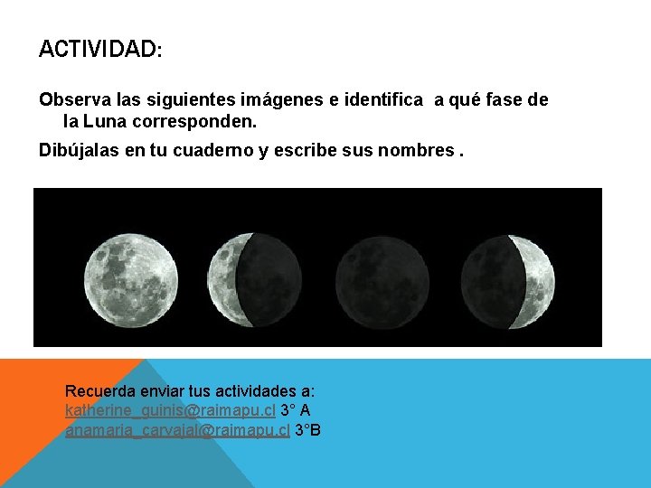 ACTIVIDAD: Observa las siguientes imágenes e identifica a qué fase de la Luna corresponden.