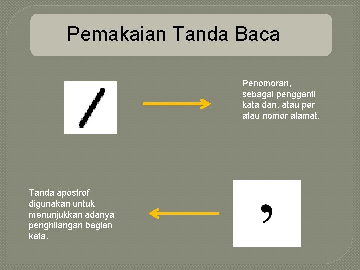 Pemakaian Tanda Baca Penomoran, sebagai pengganti kata dan, atau per atau nomor alamat. Tanda