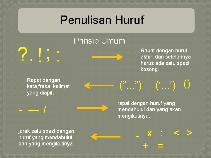 Penulisan Huruf ? . ! ; : Prinsip Umum Rapat dengan kata, frasa, kalimat