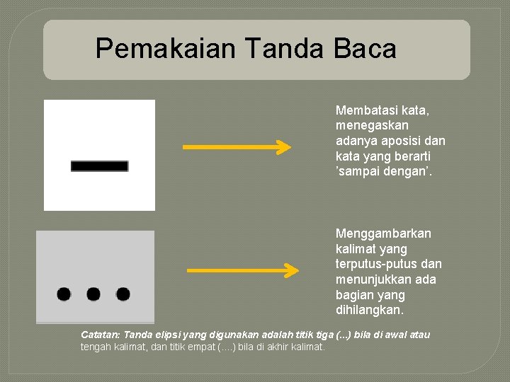 Pemakaian Tanda Baca Membatasi kata, menegaskan adanya aposisi dan kata yang berarti ’sampai dengan’.