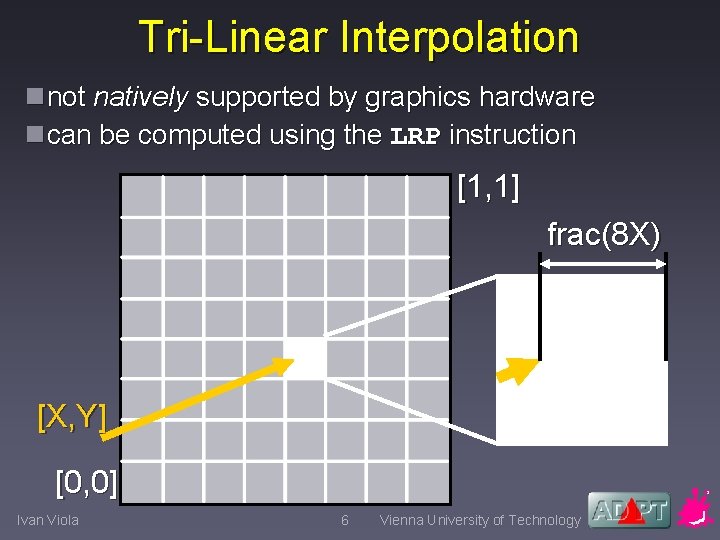 Tri-Linear Interpolation nnot natively supported by graphics hardware ncan be computed using the LRP