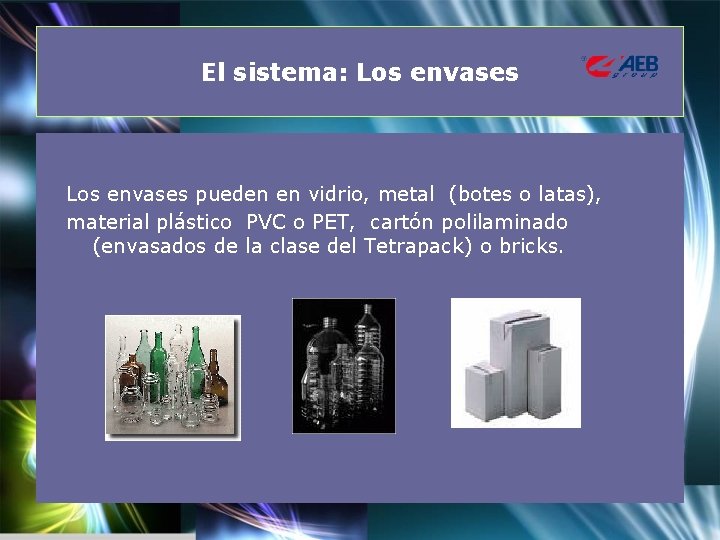 El sistema: Los envases pueden en vidrio, metal (botes o latas), material plástico PVC