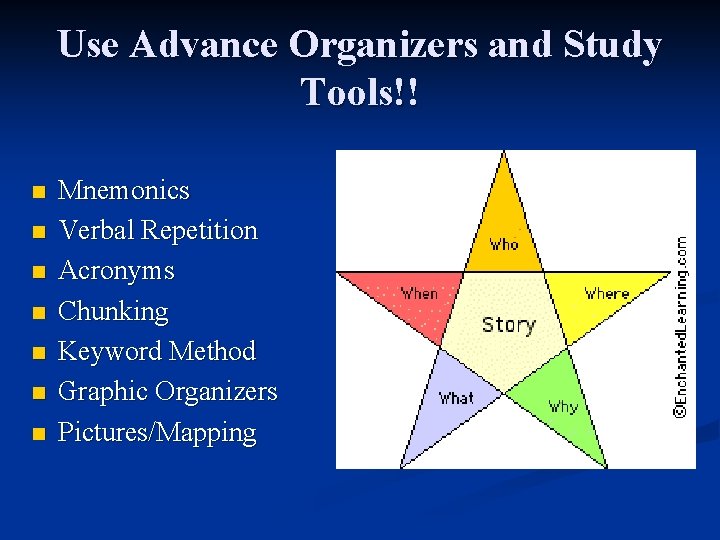 Use Advance Organizers and Study Tools!! n n n n Mnemonics Verbal Repetition Acronyms