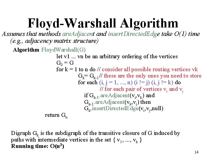 Floyd-Warshall Algorithm Assumes that methods are. Adjacent and insert. Directed. Edge take O(1) time Floyd-Warshall Algorithm Assumes that methods are. Adjacent and insert. Directed. Edge take O(1) time