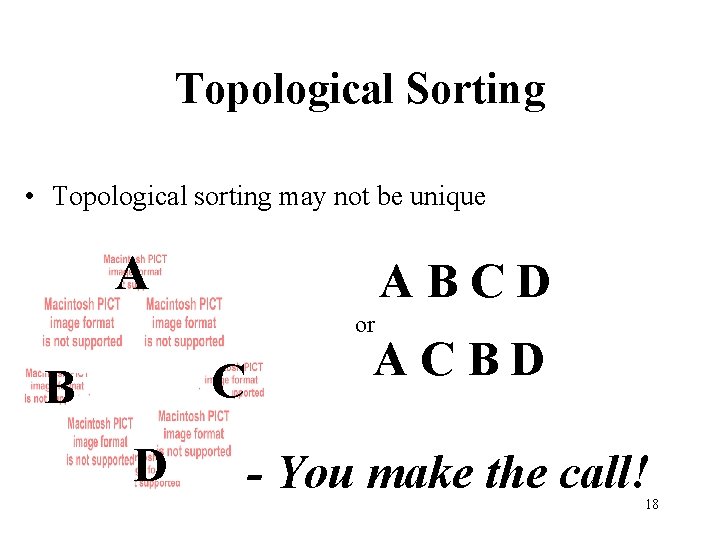 Topological Sorting • Topological sorting may not be unique A ABCD or C B Topological Sorting • Topological sorting may not be unique A ABCD or C B