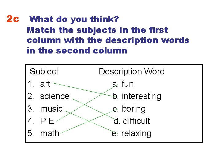 2 c What do you think? Match the subjects in the first column with