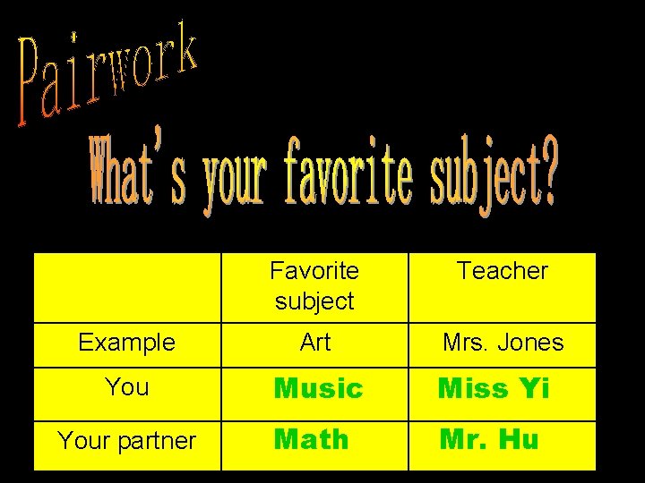 Favorite subject Teacher Example Art Mrs. Jones You Music Miss Yi Your partner Math