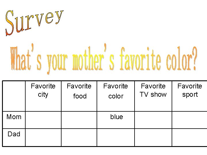 Favorite city Mom Dad Favorite food Favorite color blue Favorite TV show Favorite sport