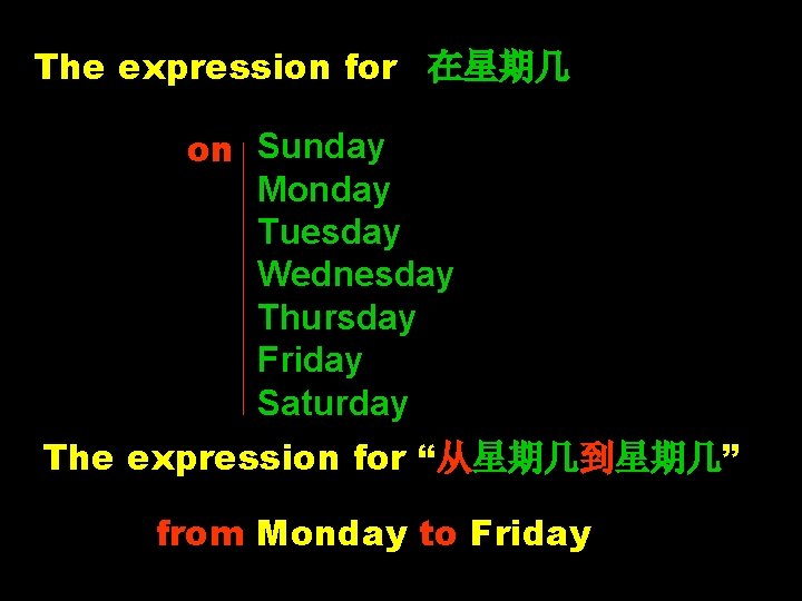 The expression for “在星期几” on Sunday Monday Tuesday Wednesday Thursday Friday Saturday The expression