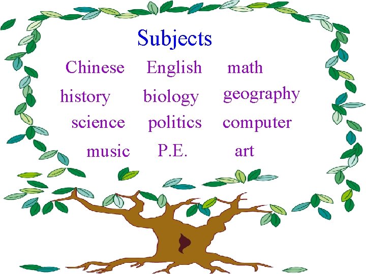 Subjects Chinese English history biology science politics music P. E. math geography computer art