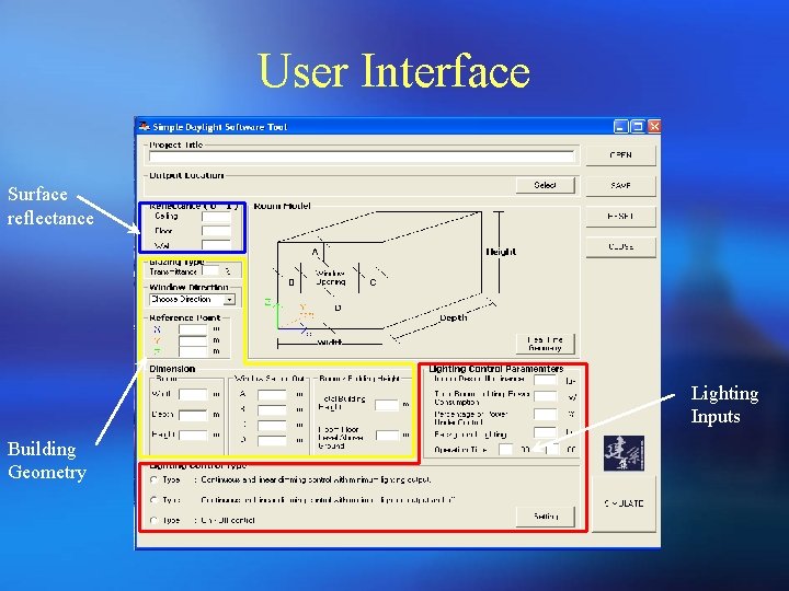 User Interface Surface reflectance Lighting Inputs Building Geometry 