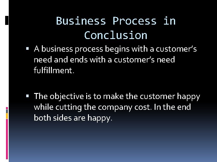 Business Process in Conclusion A business process begins with a customer’s need and ends