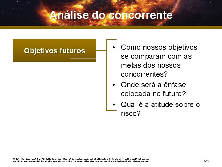 Análise do concorrente Objetivos futuros • Como nossos objetivos se comparam com as metas