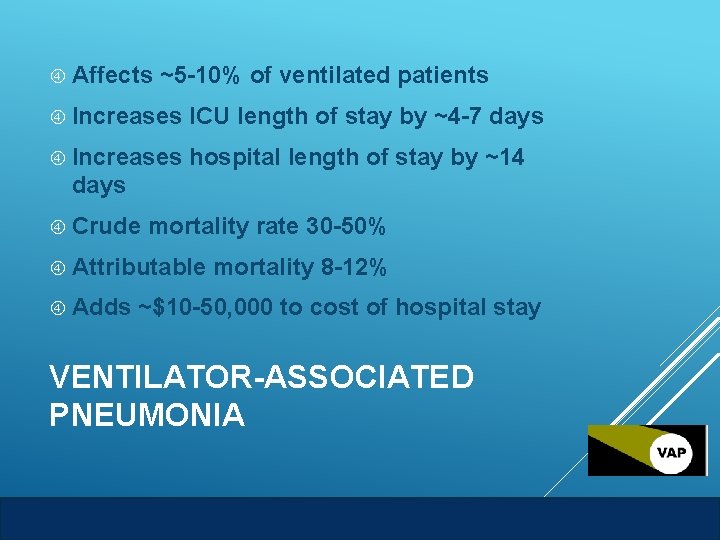  Affects ~5 -10% of ventilated patients Increases ICU length of stay by ~4