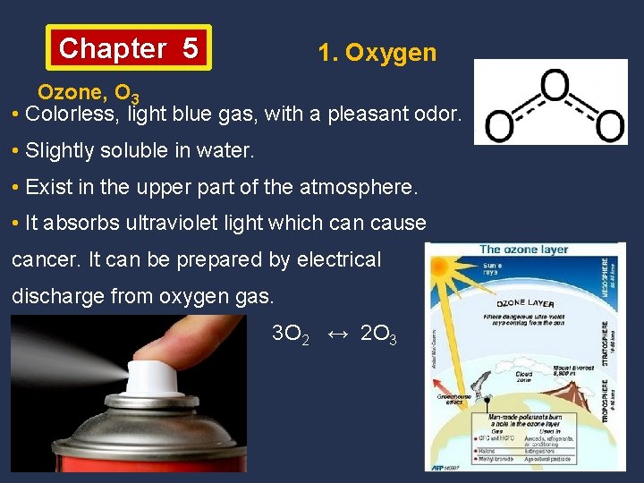 Chapter 5 1. Oxygen Ozone, O 3 • Colorless, light blue gas, with a