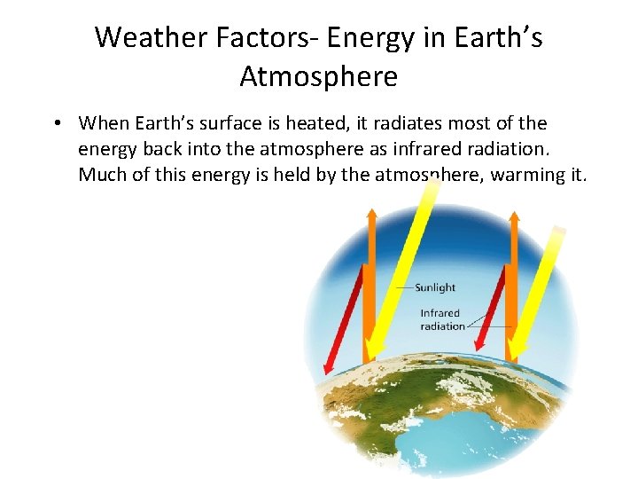 Weather Factors- Energy in Earth’s Atmosphere • When Earth’s surface is heated, it radiates