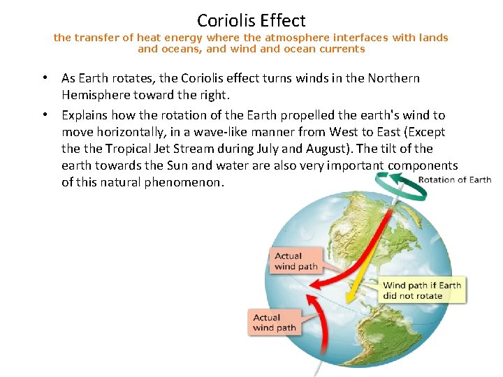 Coriolis Effect the transfer of heat energy where the atmosphere interfaces with lands and