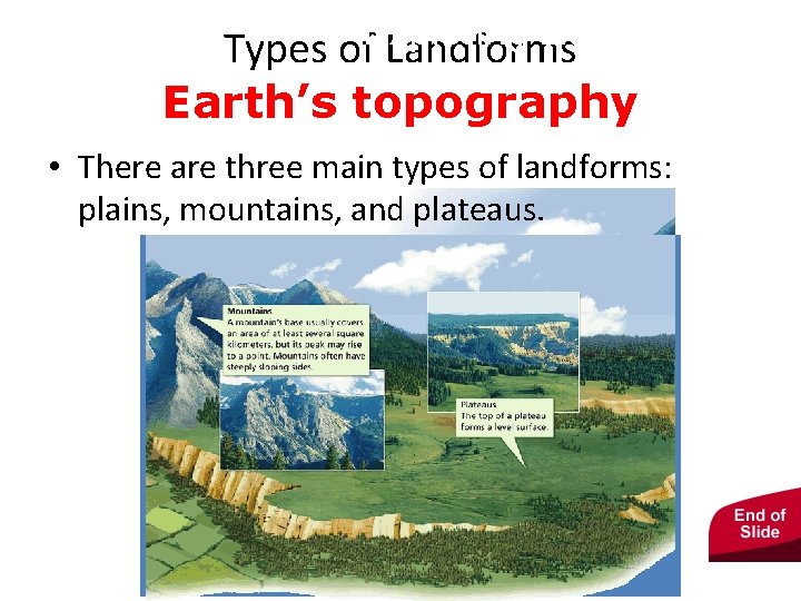 - Exploring Earth’s Surface Types of Landforms Earth’s topography • There are three main