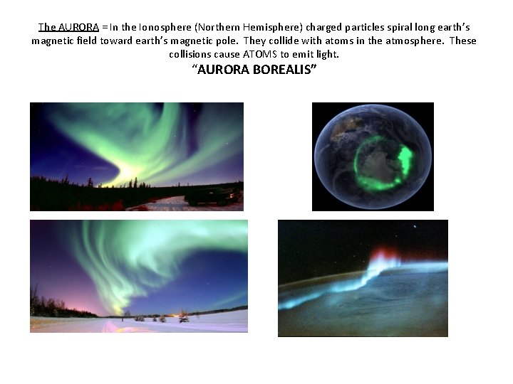 The AURORA = In the Ionosphere (Northern Hemisphere) charged particles spiral long earth’s magnetic