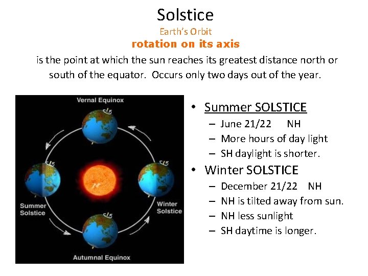 Solstice Earth’s Orbit rotation on its axis is the point at which the sun