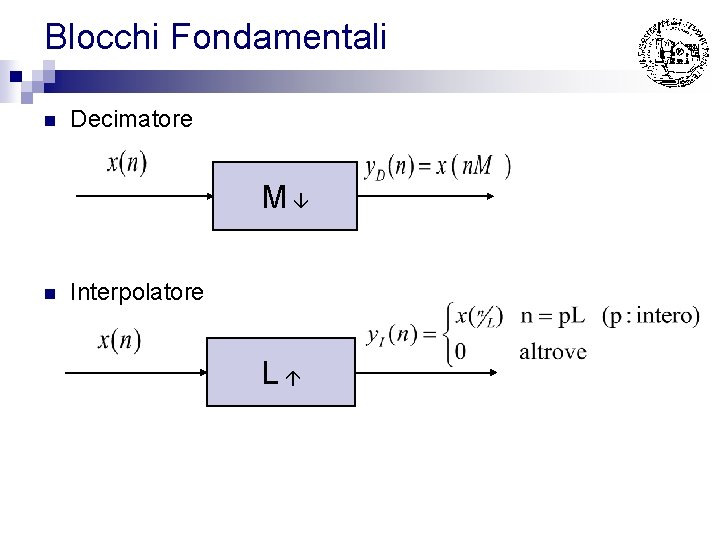 Blocchi Fondamentali n Decimatore M n Interpolatore L 
