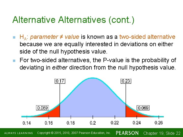 Alternatives (cont. ) n n HA: parameter ≠ value is known as a two-sided