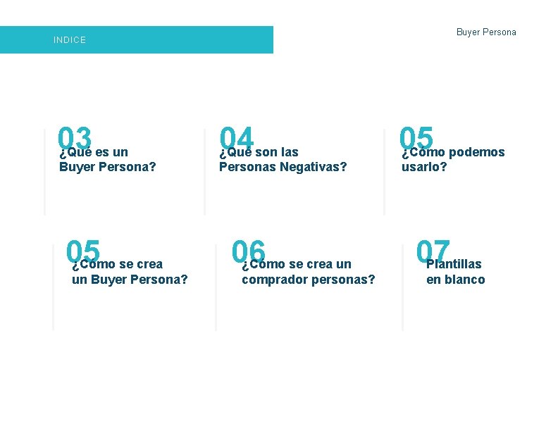 Buyer Persona INDICE 03 ¿Qué es un Buyer Persona? 05 ¿Cómo se crea un