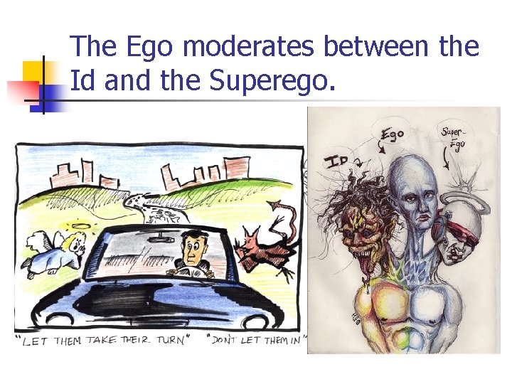 The Ego moderates between the Id and the Superego. 