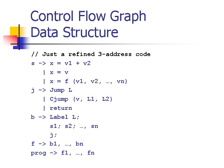 Control Flow Graph Data Structure // Just a refined 3 -address code s ->