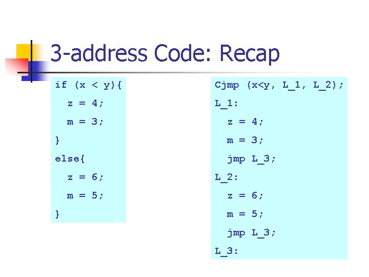 3 -address Code: Recap if (x < y){ z = 4; m = 3;