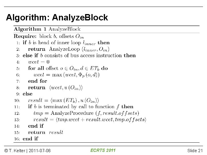 Algorithm: Analyze. Block © T. Kelter | 2011 -07 -06 ECRTS 2011 Slide 21