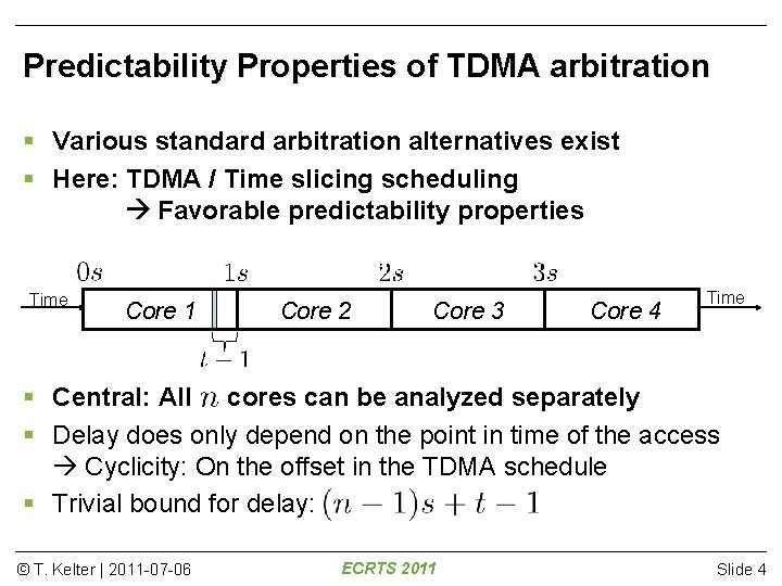 Predictability Properties of TDMA arbitration Various standard arbitration alternatives exist Here: TDMA / Time