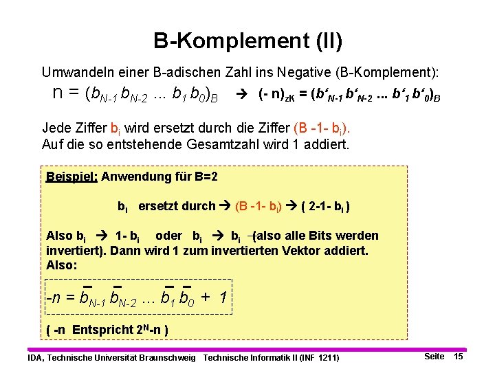 B-Komplement (II) Umwandeln einer B-adischen Zahl ins Negative (B-Komplement): n = (b. N-1 b.