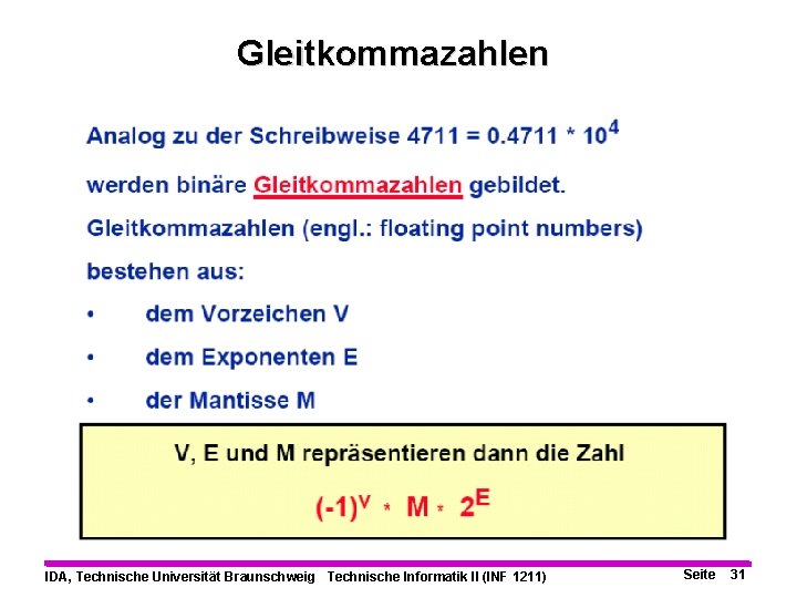 Gleitkommazahlen IDA, Technische Universität Braunschweig Technische Informatik II (INF 1211) Seite 31 