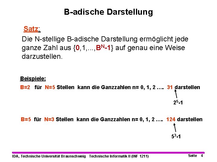 B-adische Darstellung Satz: Die N-stellige B-adische Darstellung ermöglicht jede ganze Zahl aus {0, 1,