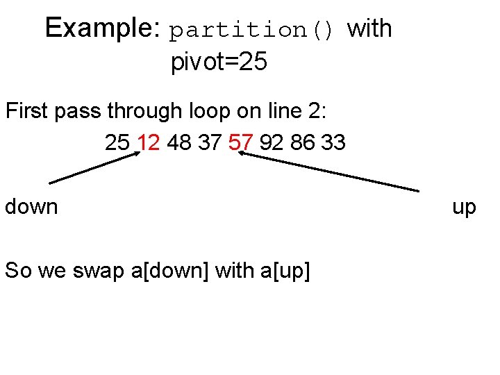 Example: partition() with pivot=25 First pass through loop on line 2: 25 12 48