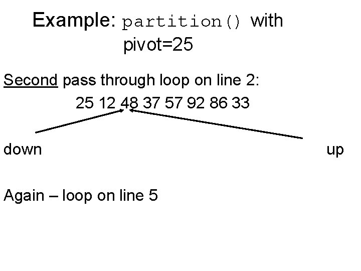 Example: partition() with pivot=25 Second pass through loop on line 2: 25 12 48