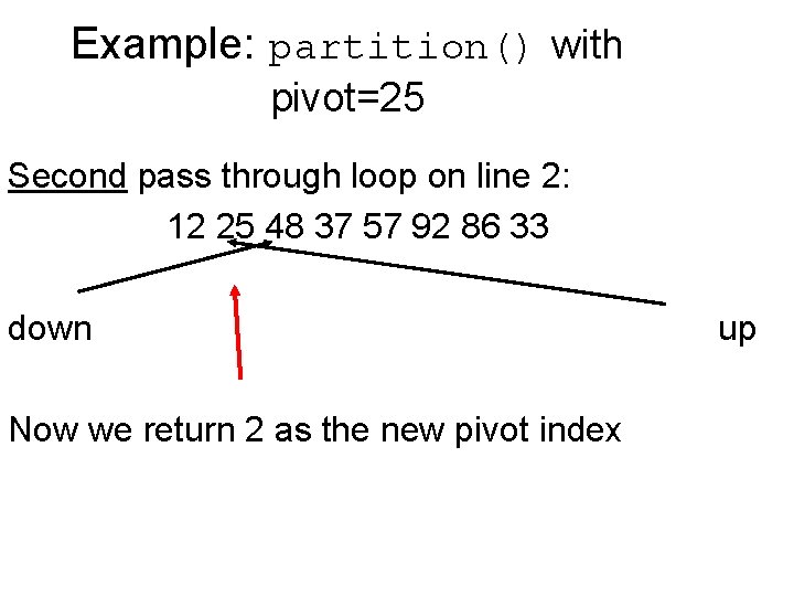 Example: partition() with pivot=25 Second pass through loop on line 2: 12 25 48
