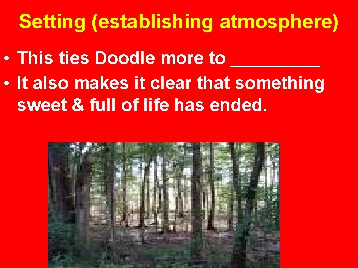 Setting (establishing atmosphere) • This ties Doodle more to _____ • It also makes