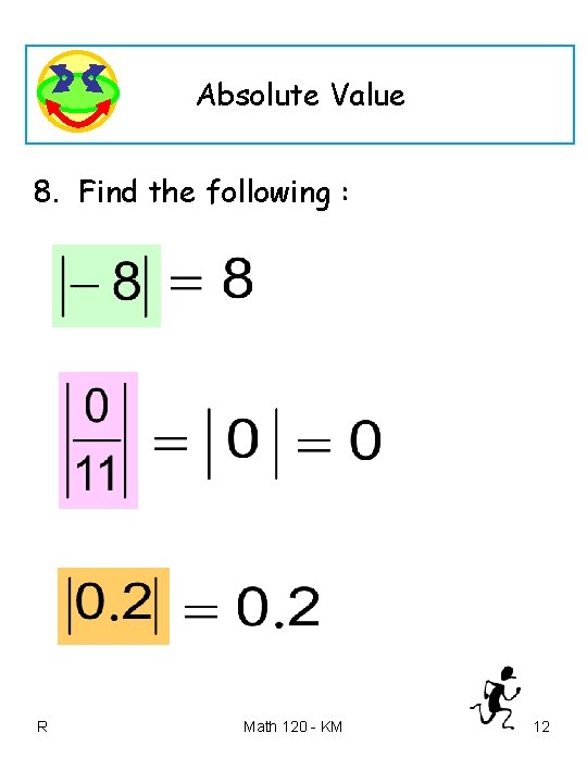 Absolute Value 8. Find the following : R Math 120 - KM 12 